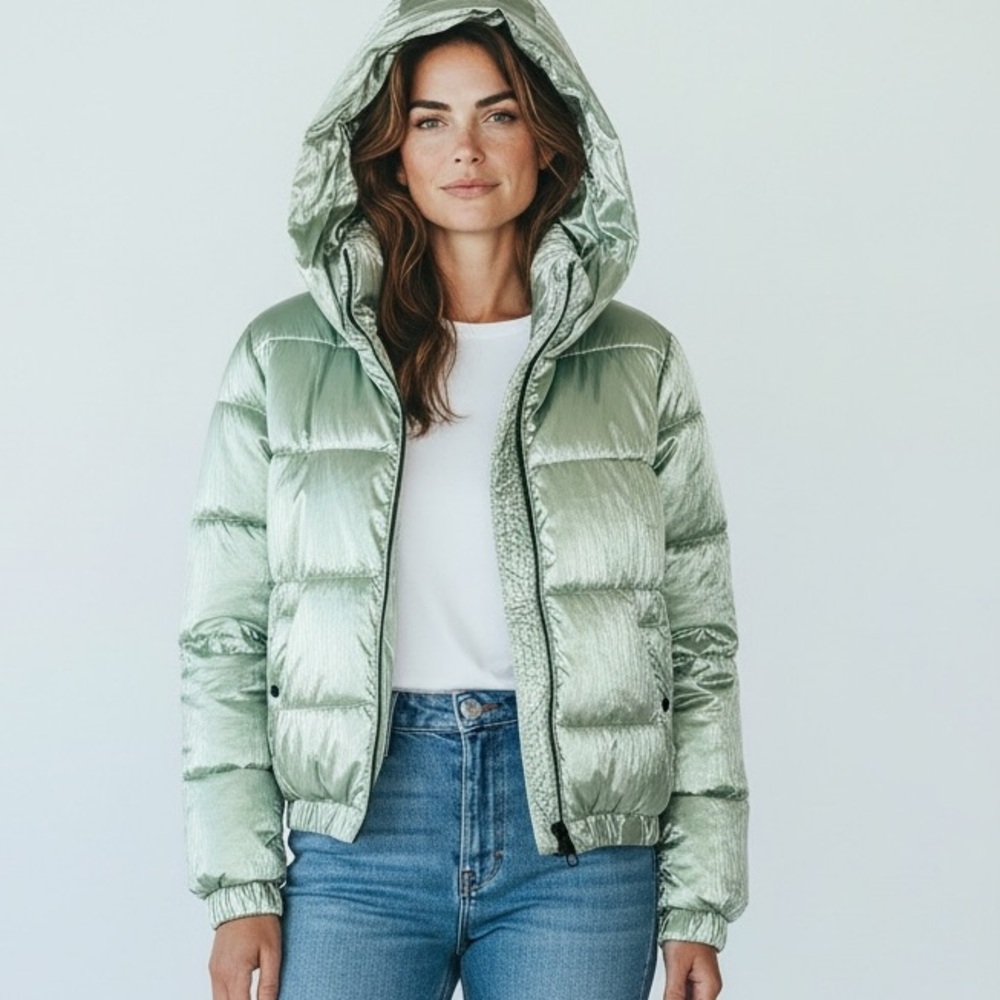 Marc New York Green Puffer Winter Jacket M Mid-Length Hooded Full Zip Pockets